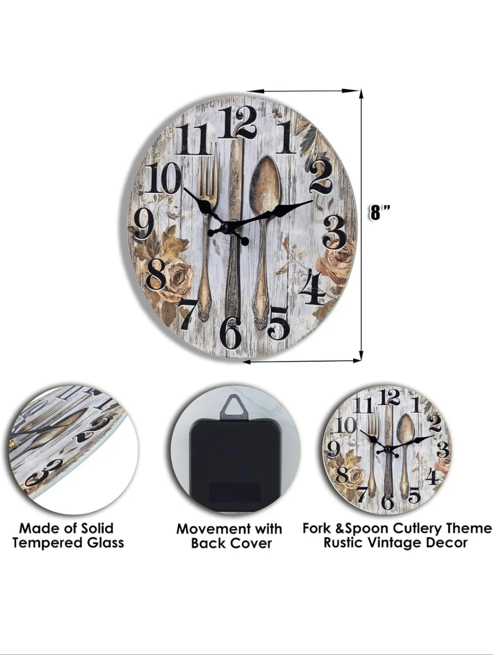 Rustic Silver & Gold Cutlery Wall Clock - Decorative Home Wall Decor 8